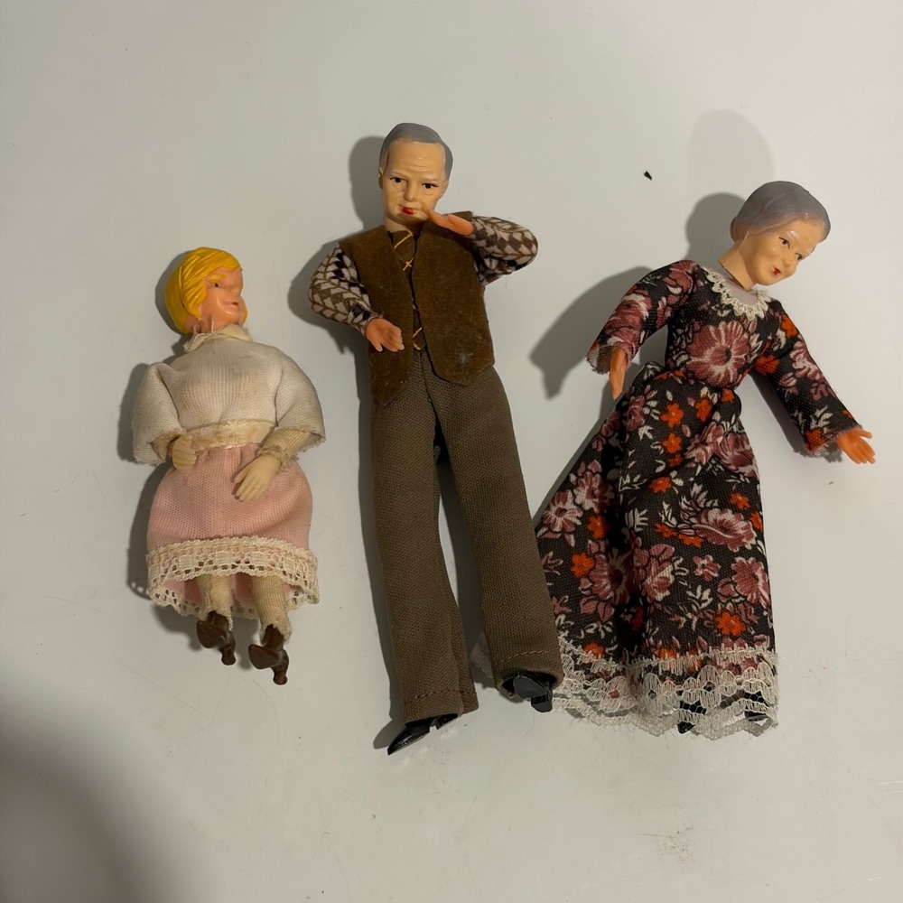 Vintage Dollhouse Family Figures Set of 3 Grandparents and Girl Poseable Dolls